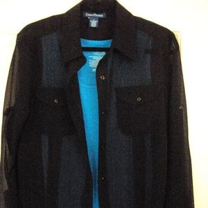 Evan~Picone Sheer Black Roll-Sleeve Blouse Sz L